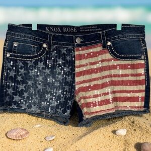 Knox Rose Sequin American Flag Denim Shorts - Red & Blue